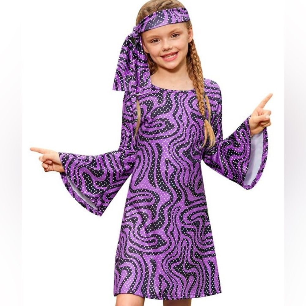 New NIP Girls' 70's Sparkly Dress-up Costume Dress & Headband Size 14/16